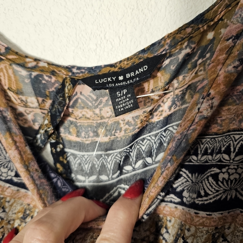 Lucky Brand Bohemian Multicolor Women's Top with Triangle Cut-Out Size S/P NWOT - Picture 2 of 8